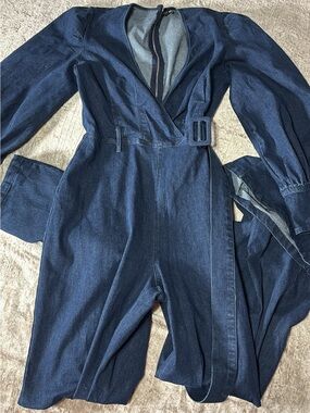 Women's Dark Blue Denim Jumpsuit with Belt